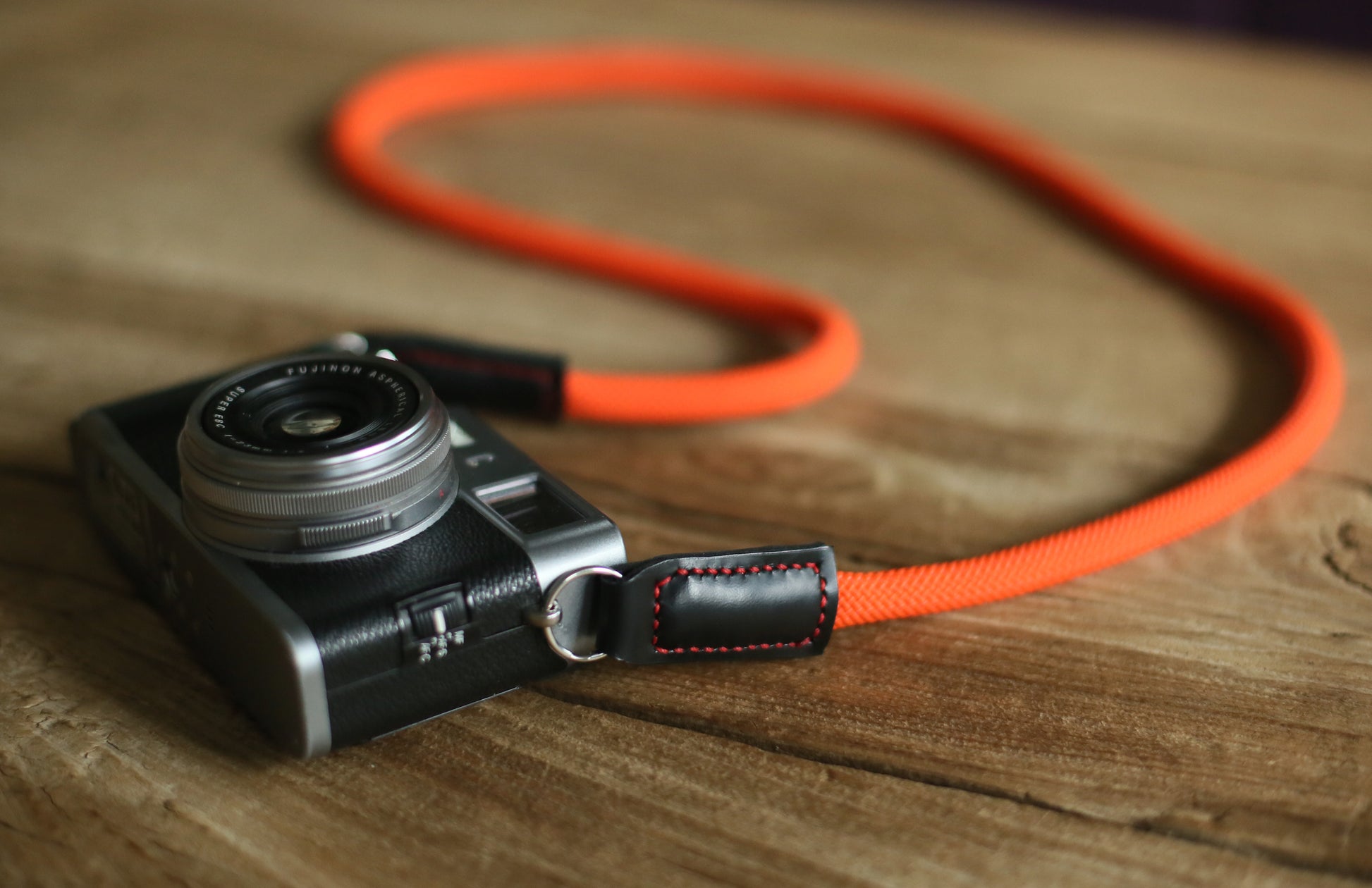 Camera strap handmade pure orange climbing rope black leather | windmup.com - windmup