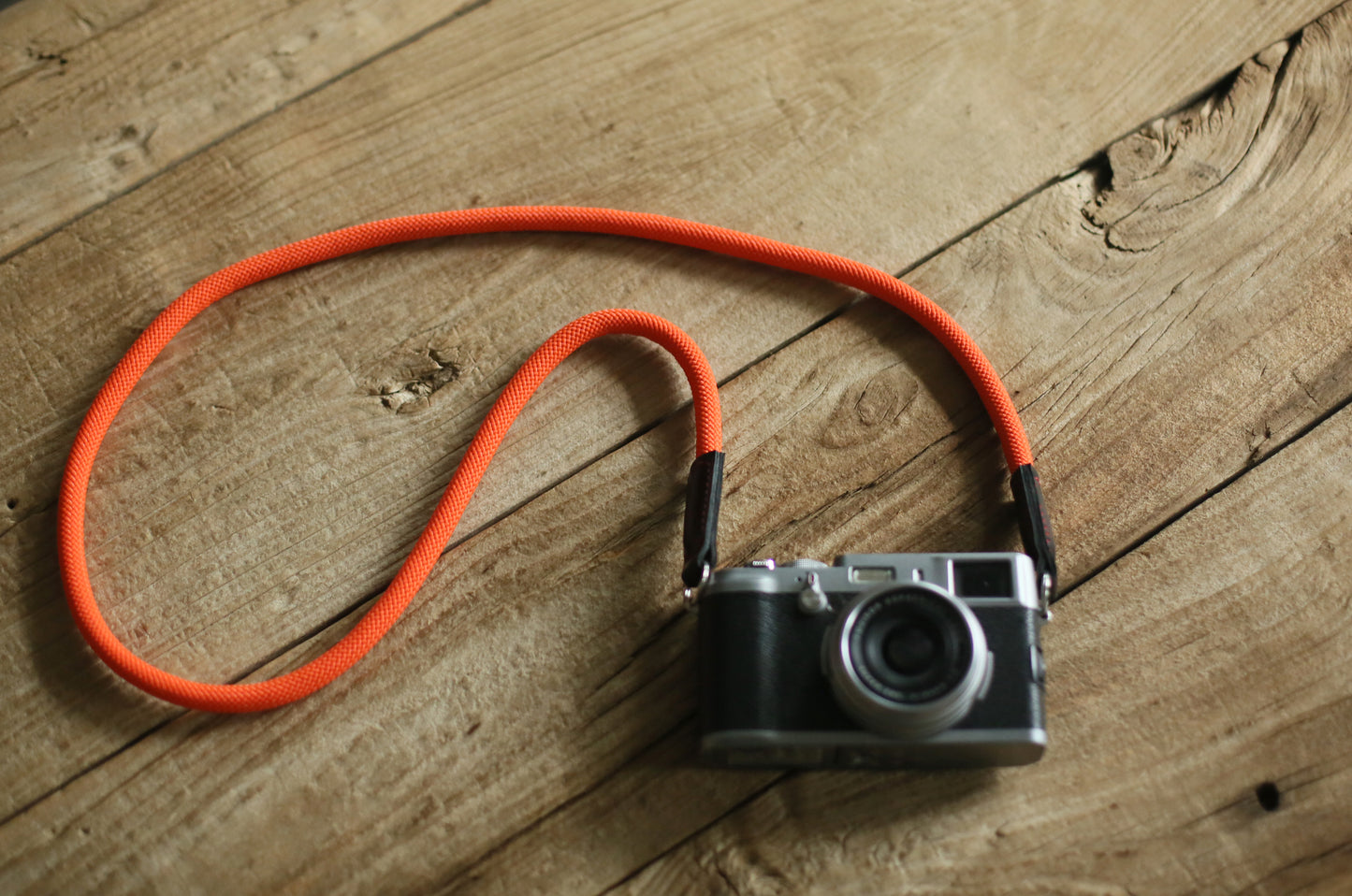 Camera strap handmade pure orange climbing rope black leather | windmup.com - windmup