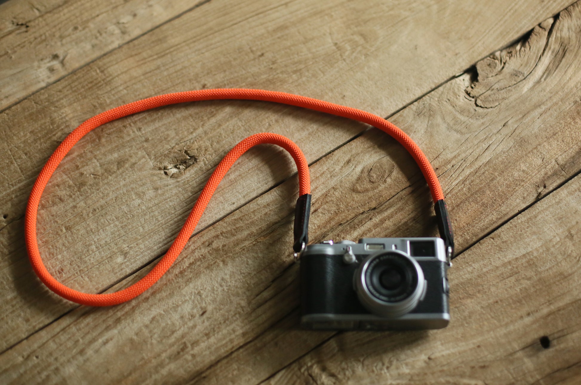 Camera strap handmade pure orange climbing rope black leather | windmup.com - windmup