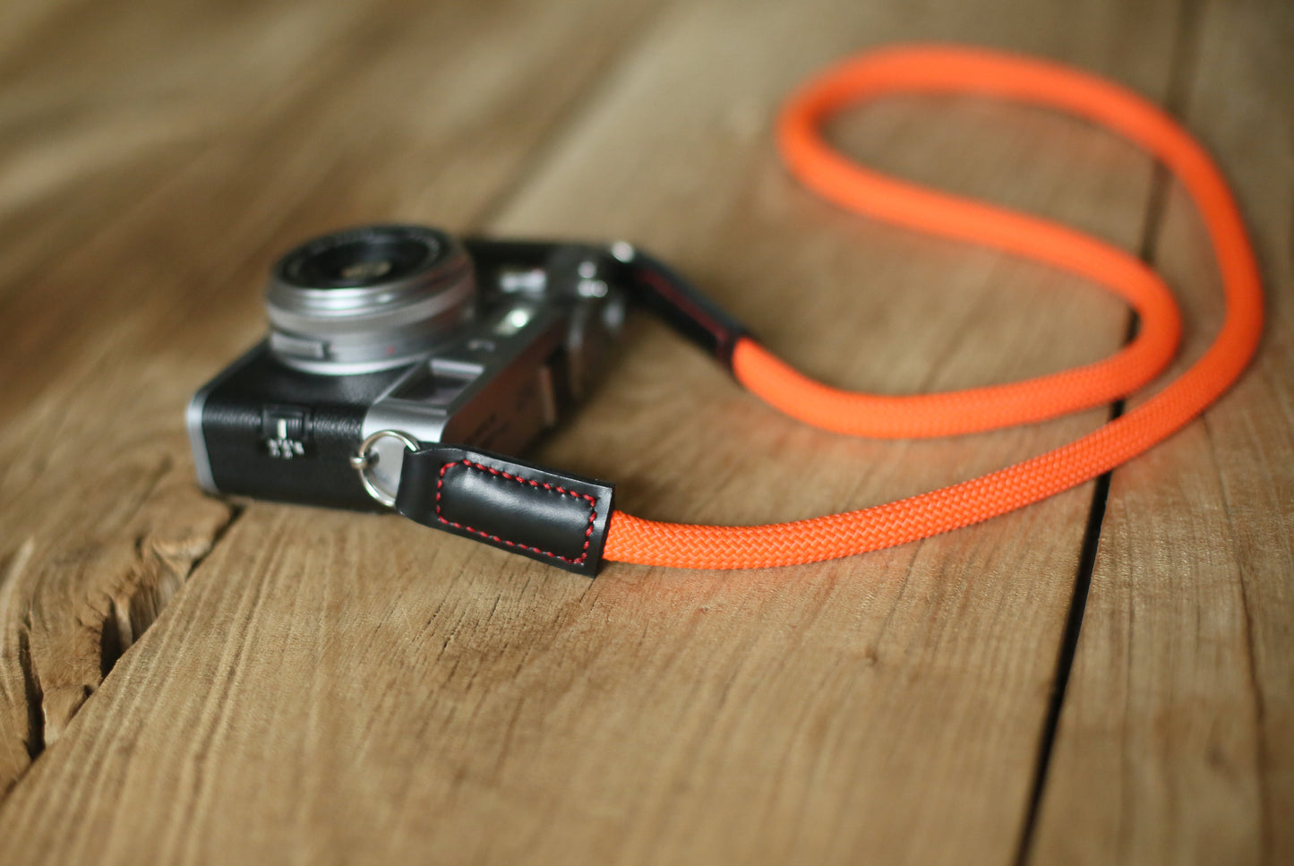 Camera strap handmade pure orange climbing rope black leather | windmup.com - windmup