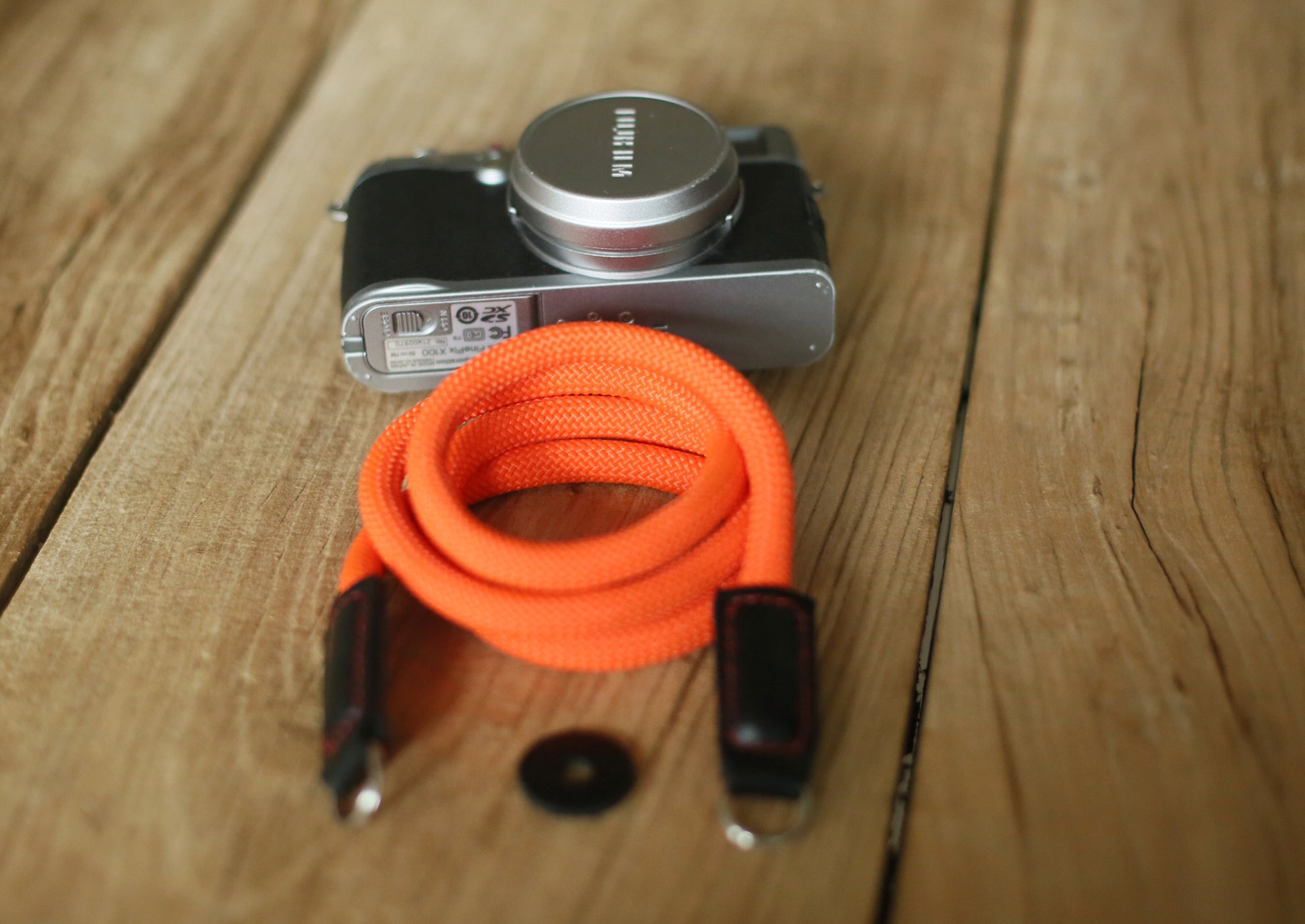 Camera strap handmade pure orange climbing rope black leather | windmup.com - windmup