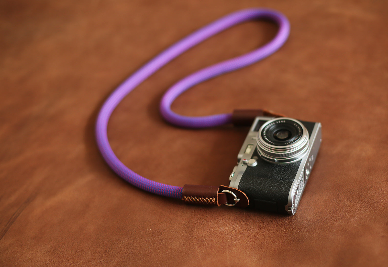 Camera neck strap handmade blue purple climbing rope tan leather | Windmup.com - windmup