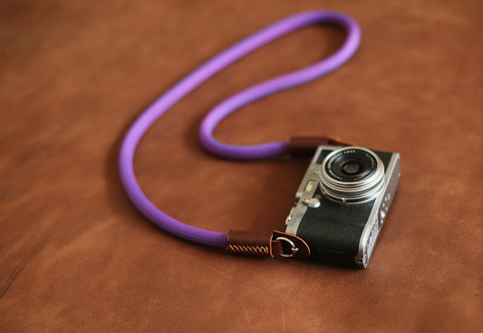 Camera neck strap handmade blue purple climbing rope tan leather | Windmup.com - windmup