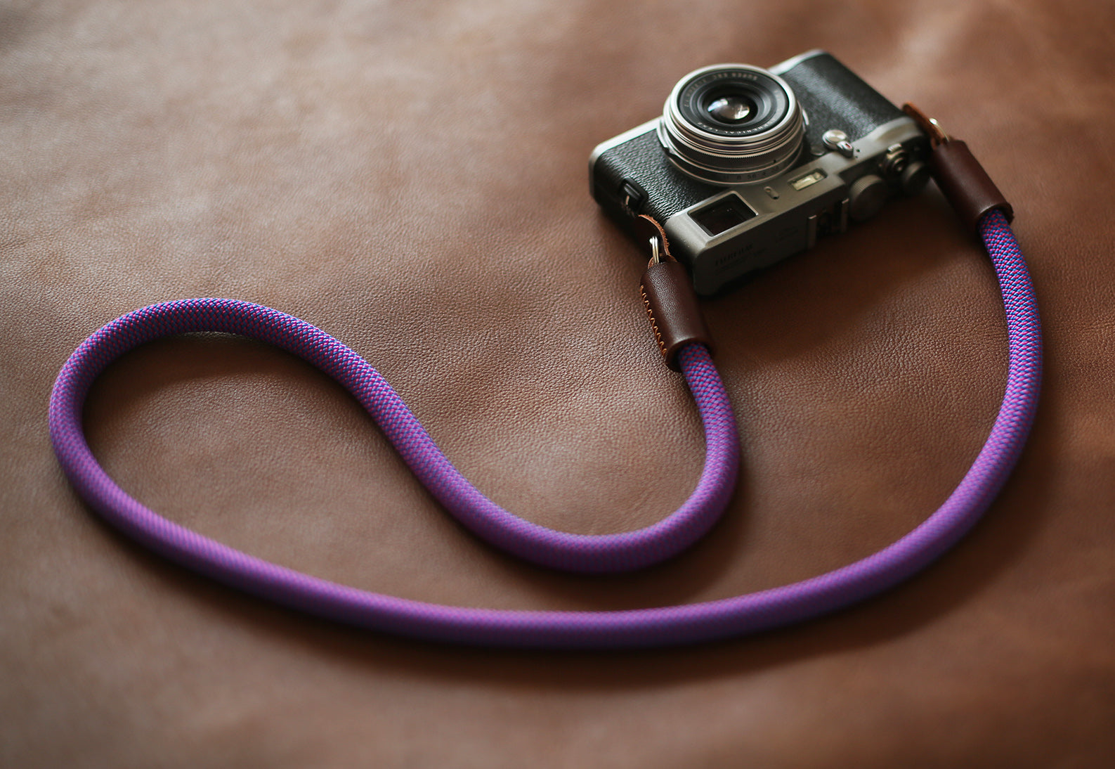 Camera neck strap handmade blue purple climbing rope tan leather | Windmup.com - windmup