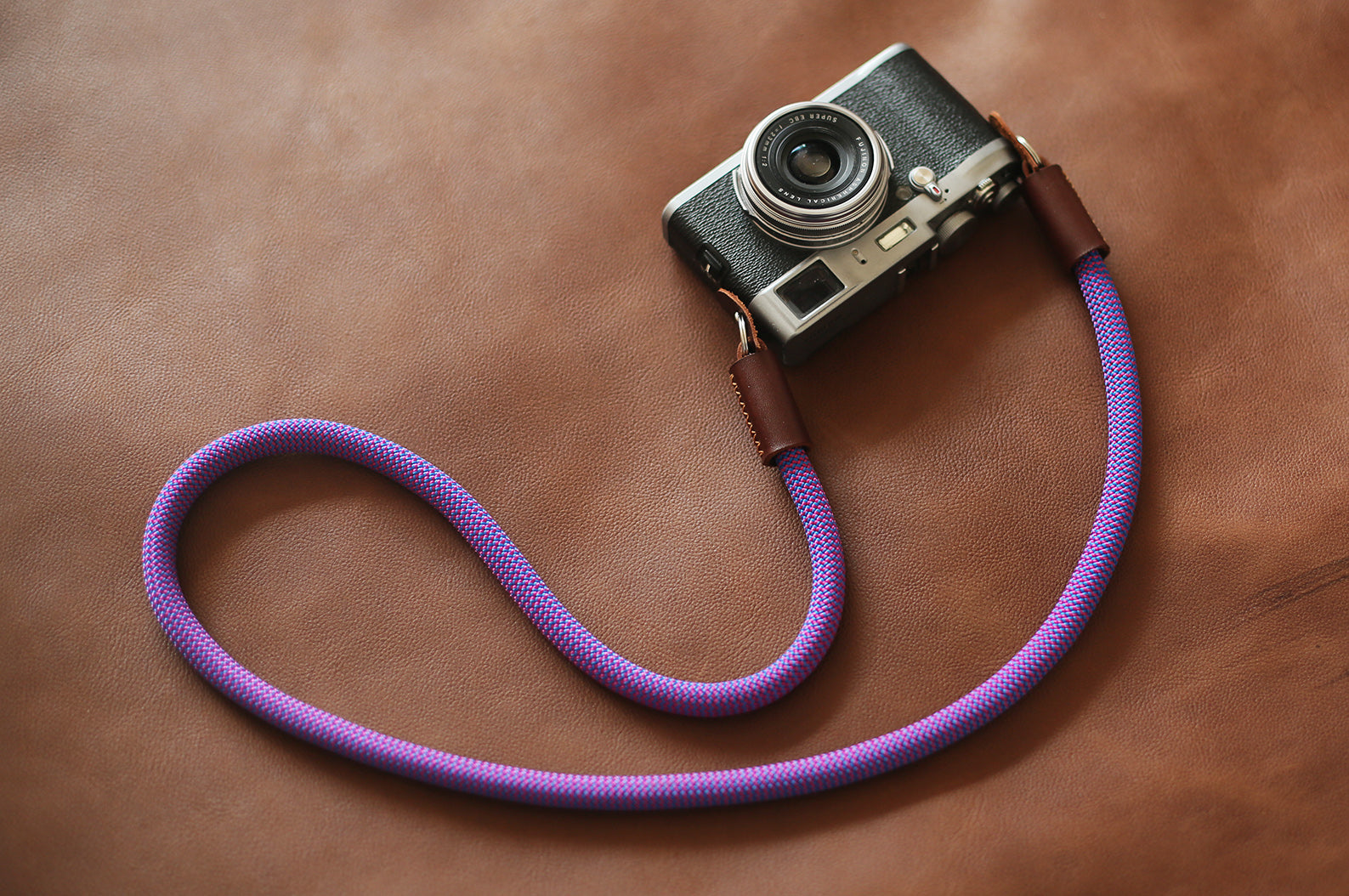 Camera neck strap handmade blue purple climbing rope tan leather | Windmup.com - windmup