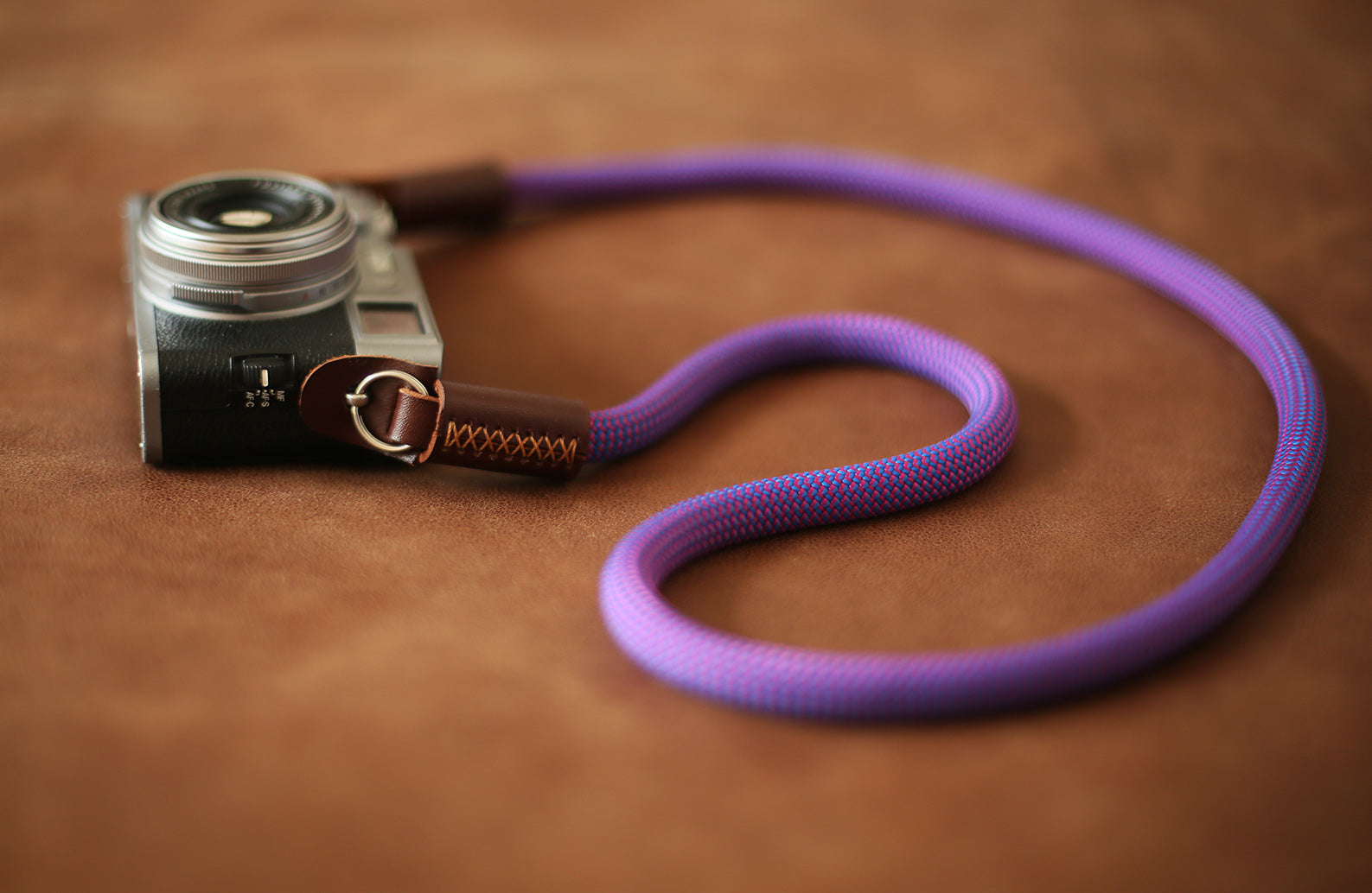 Camera neck strap handmade blue purple climbing rope tan leather | Windmup.com - windmup