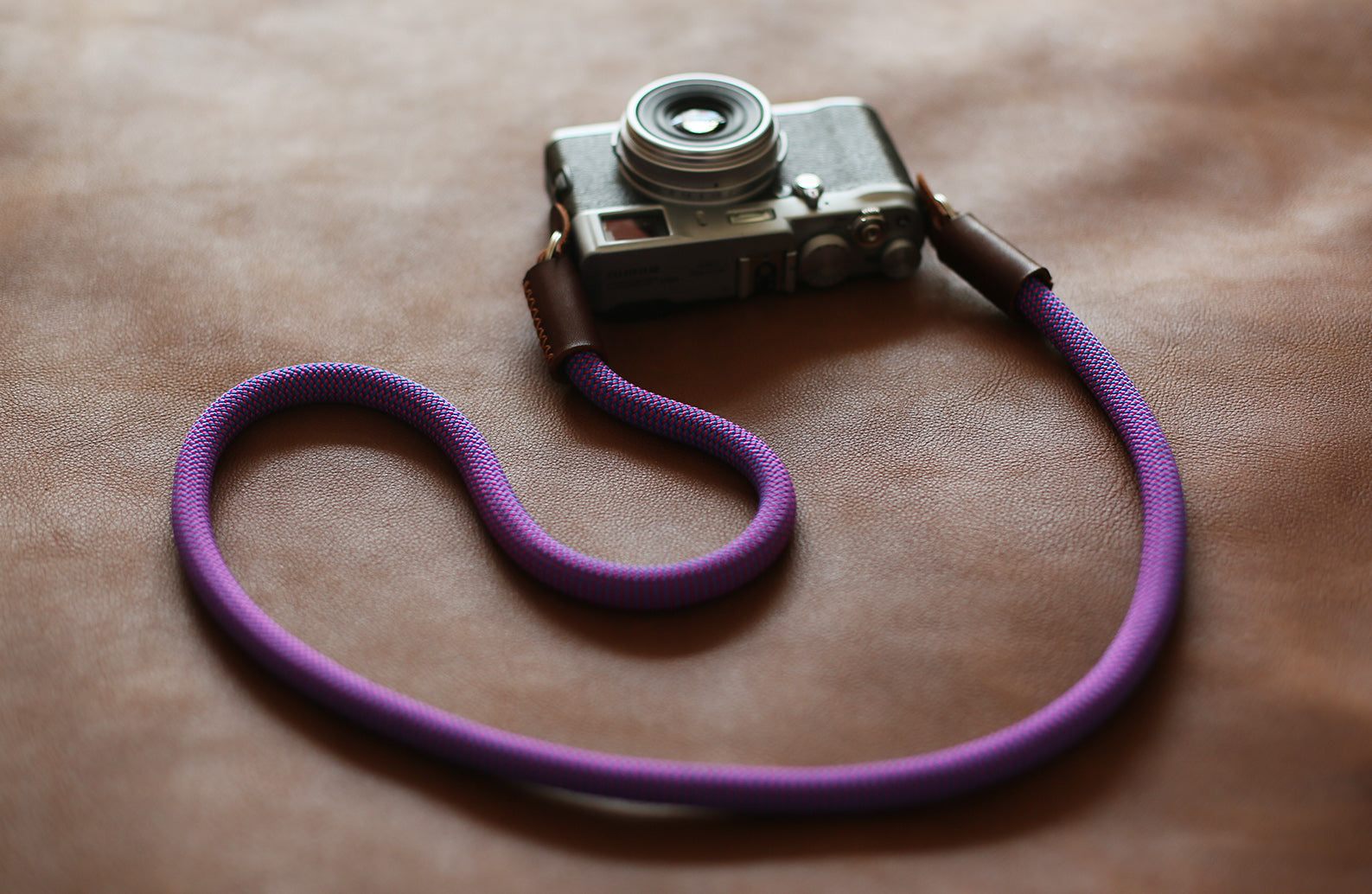 Camera neck strap handmade blue purple climbing rope tan leather | Windmup.com - windmup