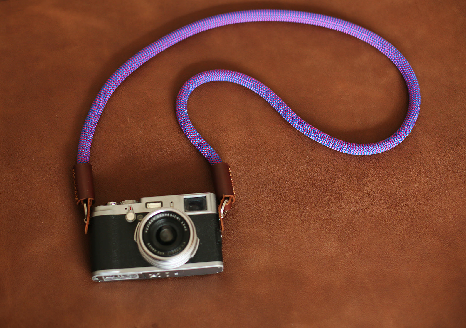 Camera neck strap handmade blue purple climbing rope tan leather | Windmup.com - windmup