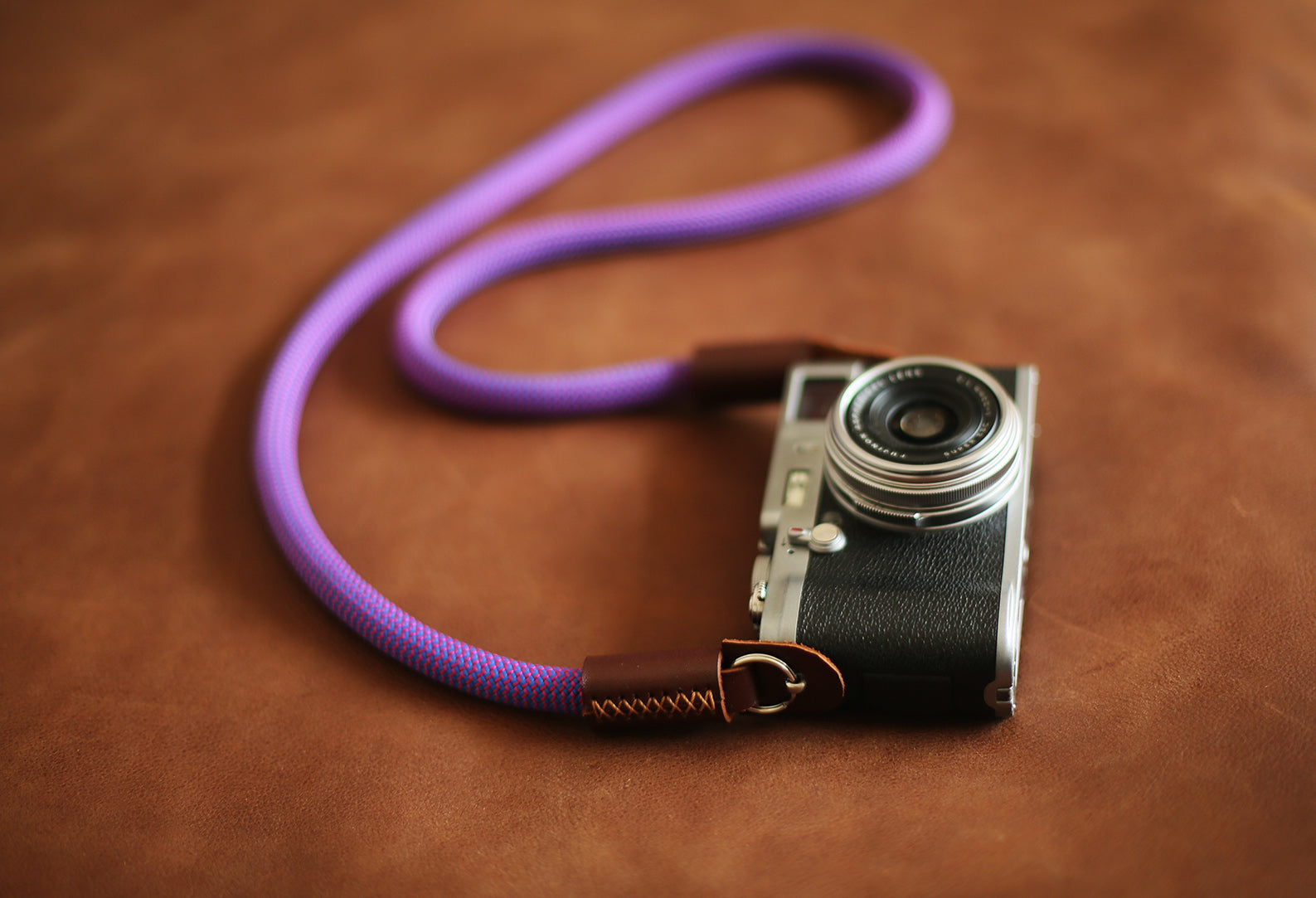 Camera neck strap handmade blue purple climbing rope tan leather | Windmup.com - windmup