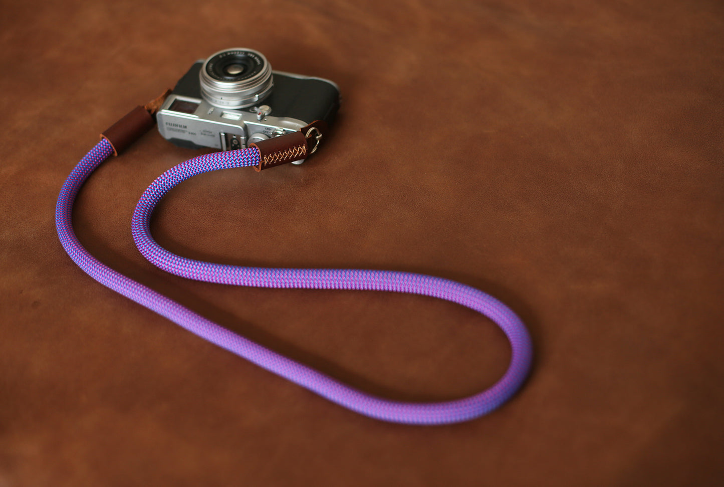 Camera neck strap handmade blue purple climbing rope tan leather | Windmup.com - windmup