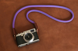 Camera neck strap handmade blue purple climbing rope tan leather | Windmup.com - windmup