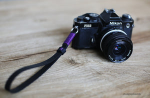 Black leather handmade camera wrist strap band violet | windmup.com - windmup