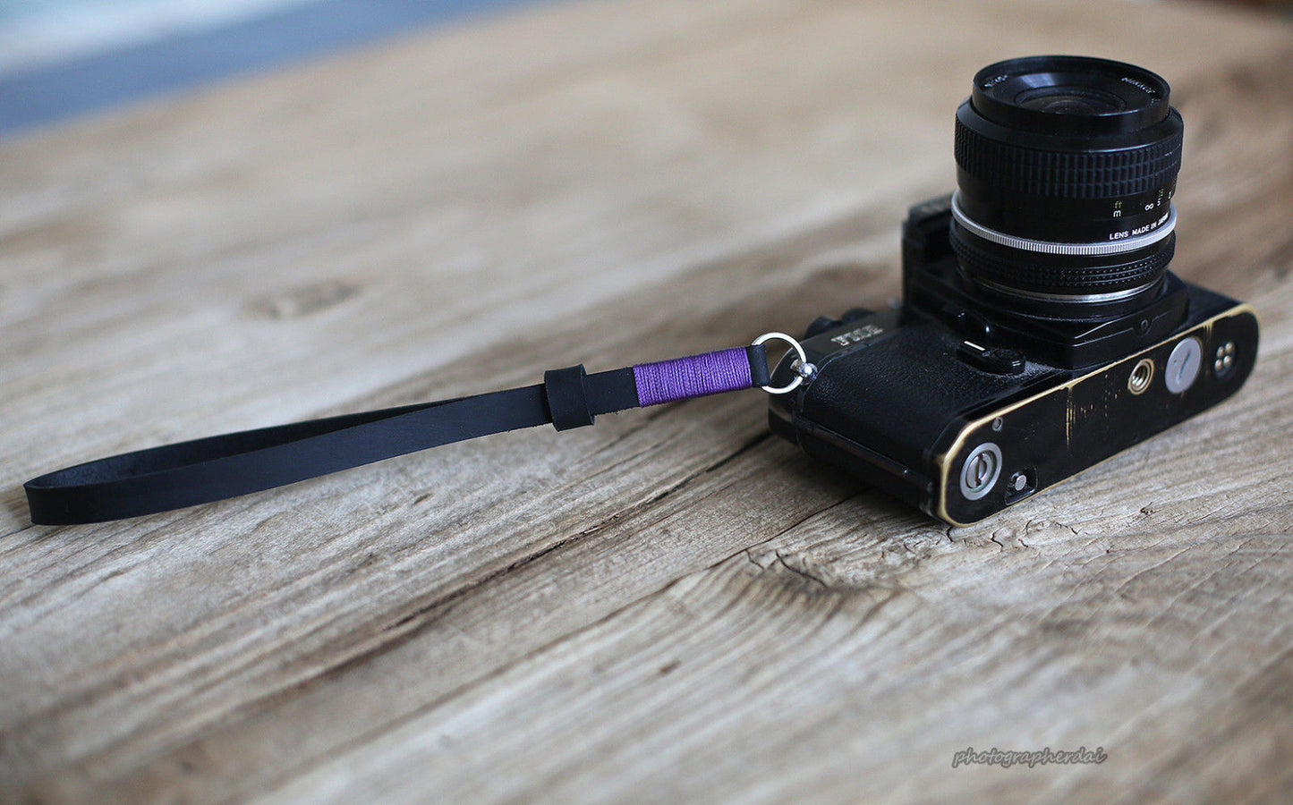 Black leather handmade camera wrist strap band violet | windmup.com - windmup