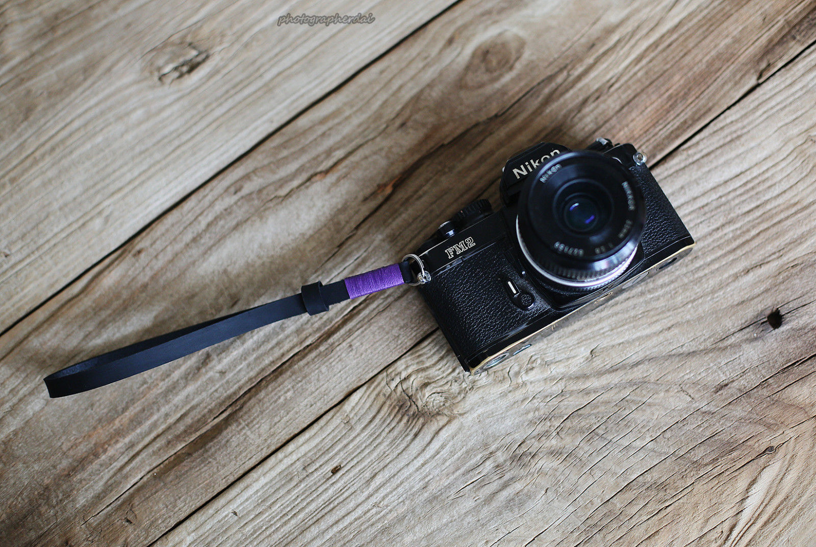 Black leather handmade camera wrist strap band violet | windmup.com - windmup