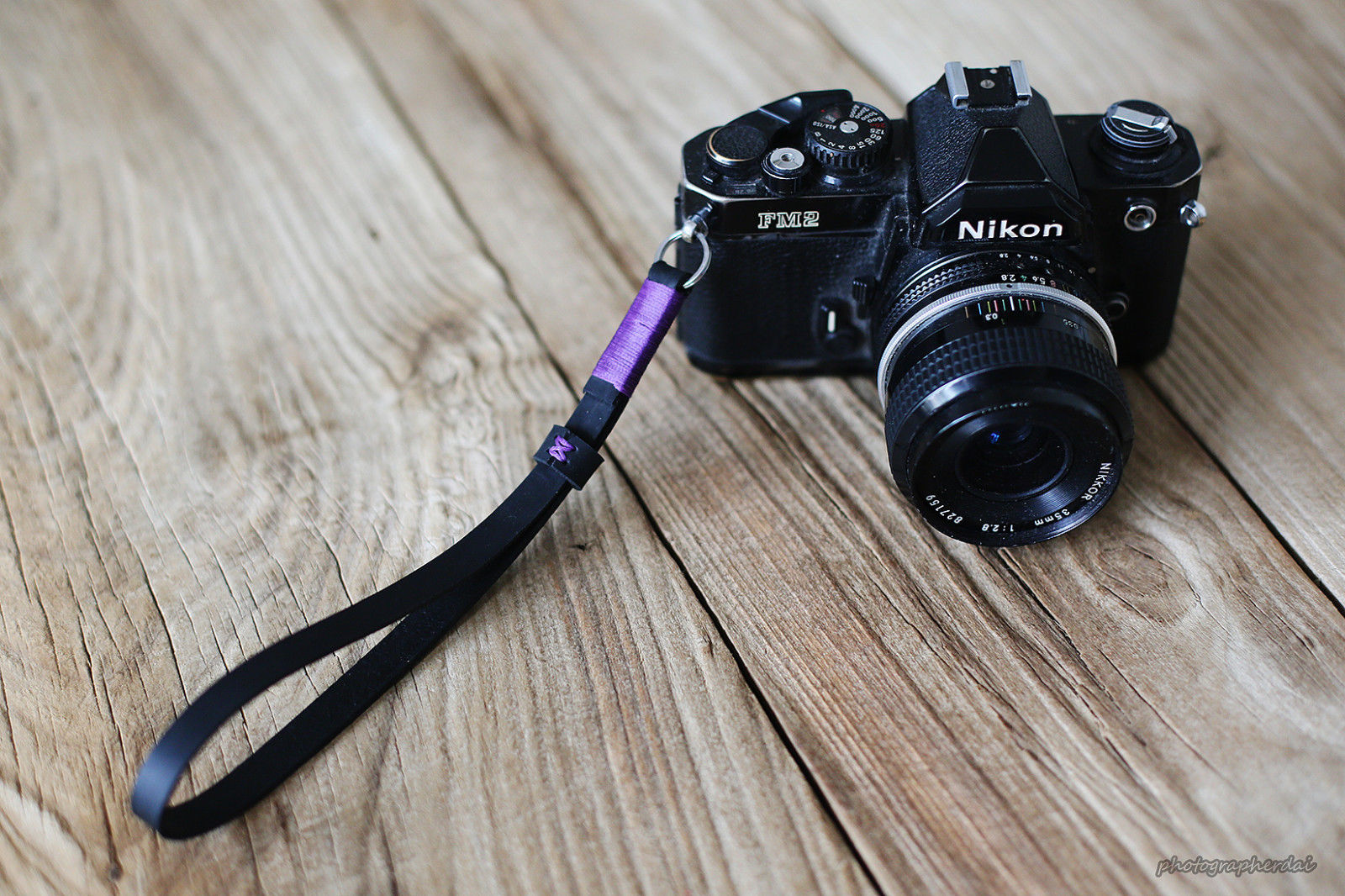 Black leather handmade camera wrist strap band violet | windmup.com - windmup