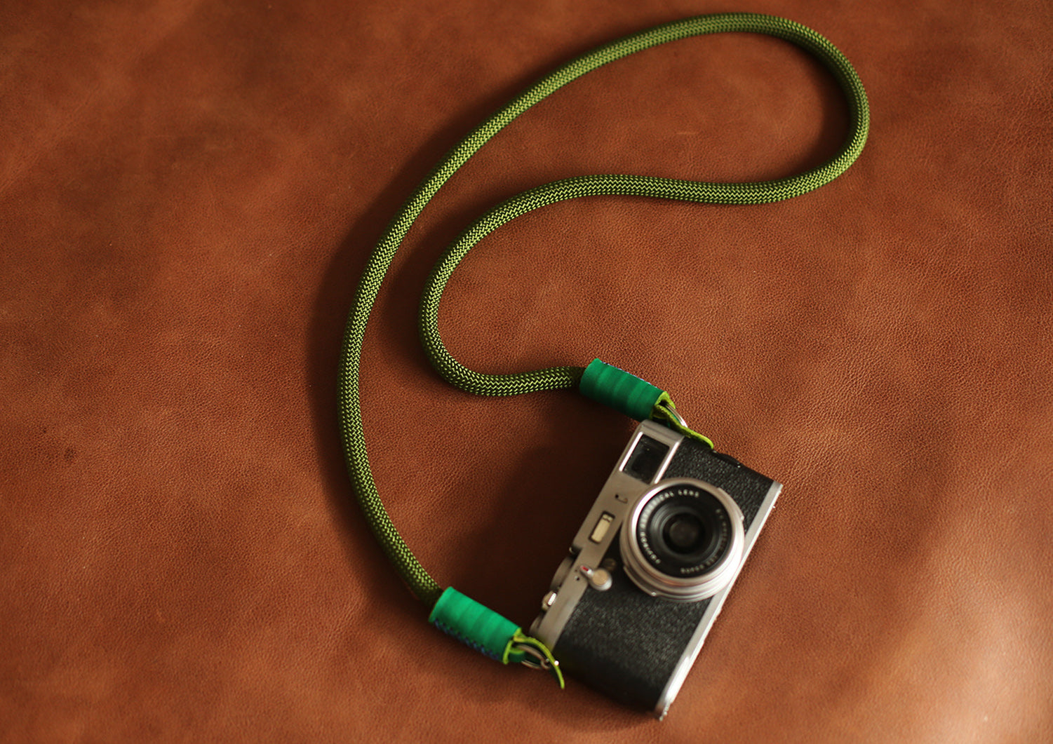 Camera shoulder strap handmade army green climbing rope green leather | Windmup.com - windmup
