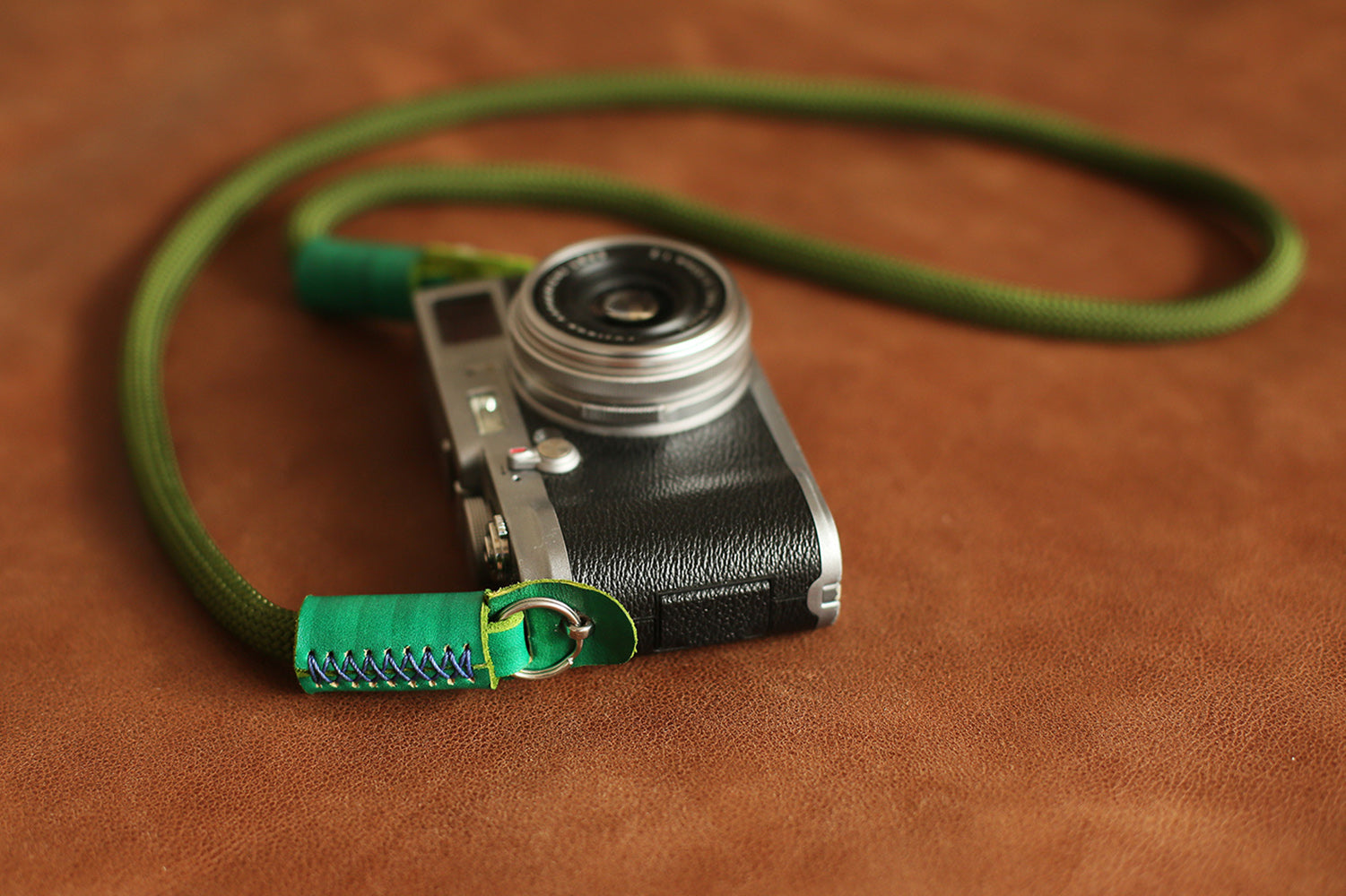 Camera shoulder strap handmade army green climbing rope green leather | Windmup.com - windmup