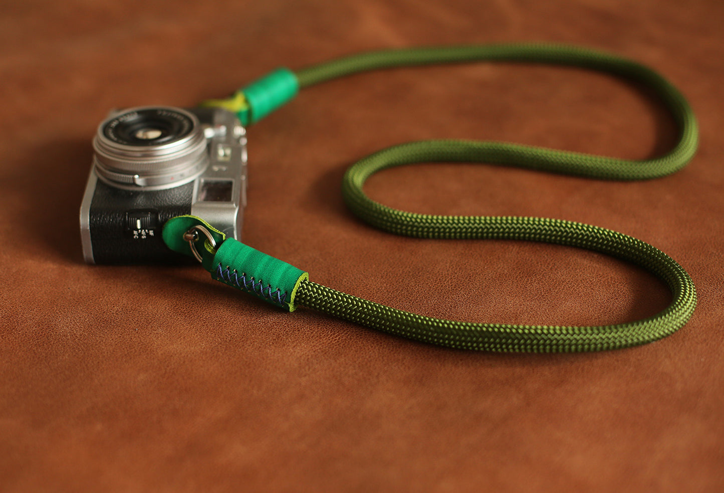 Camera shoulder strap handmade army green climbing rope green leather | Windmup.com - windmup