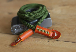 Camera Strap Handmade Army green Climbing Rope yellow brown leather&Windmup.com - windmup