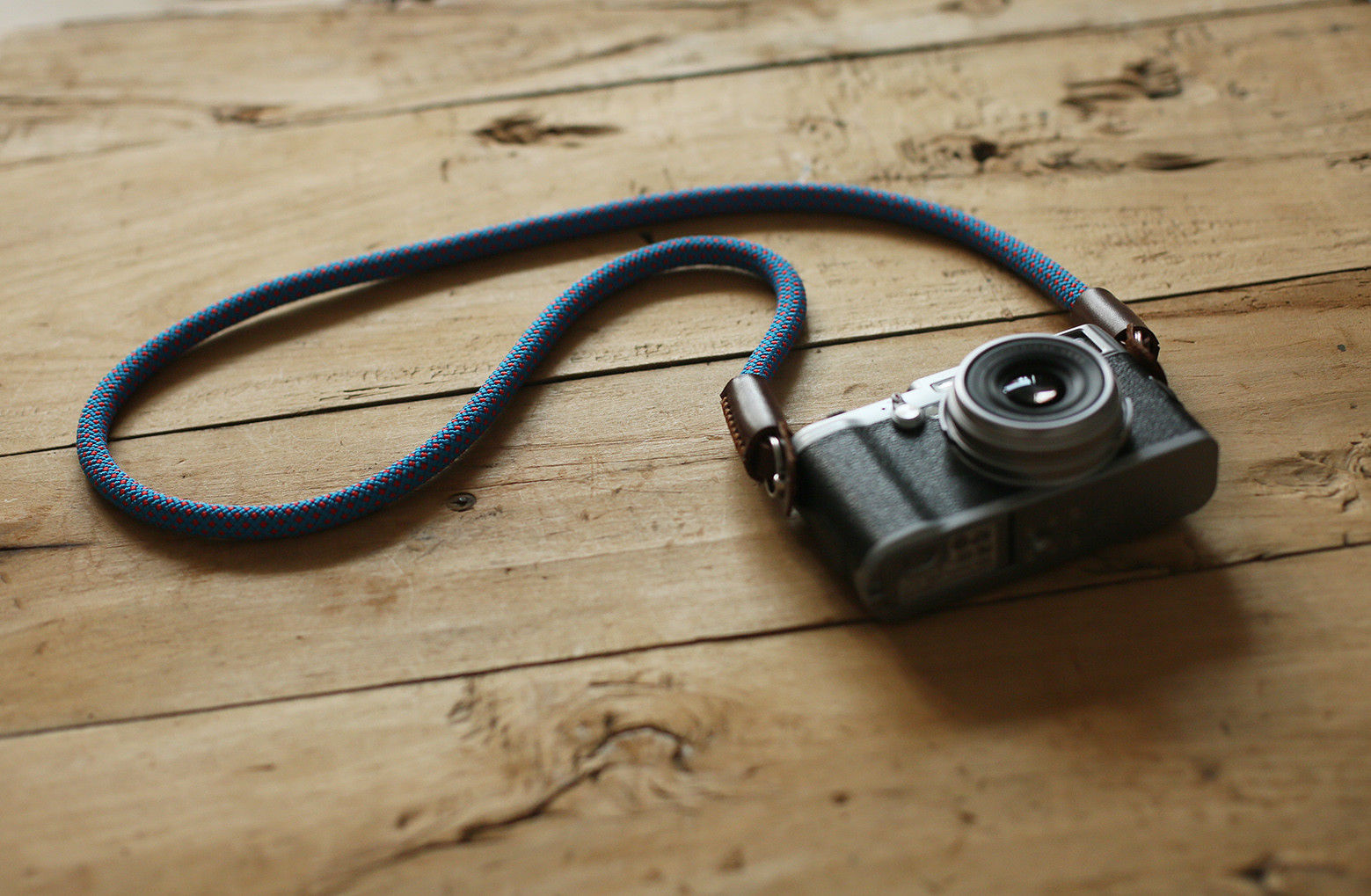 Camera strap handmade blue red climbing rope tan leather B type | windmup.com - windmup