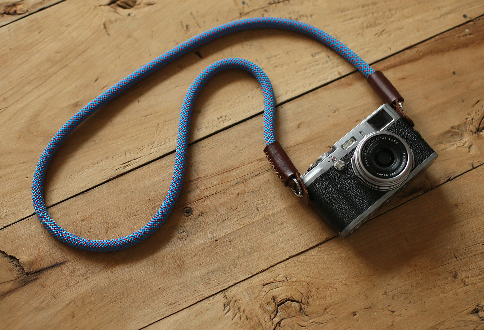 Camera strap handmade blue red climbing rope tan leather B type | windmup.com - windmup