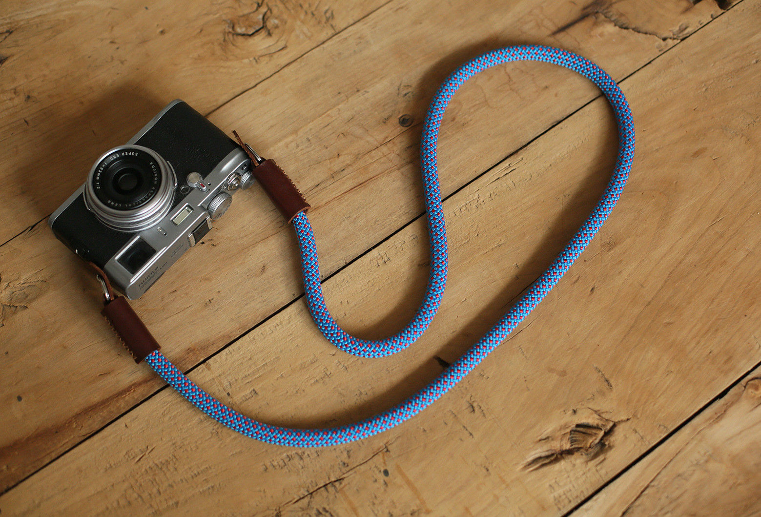 Camera strap handmade blue red climbing rope tan leather B type | windmup.com - windmup