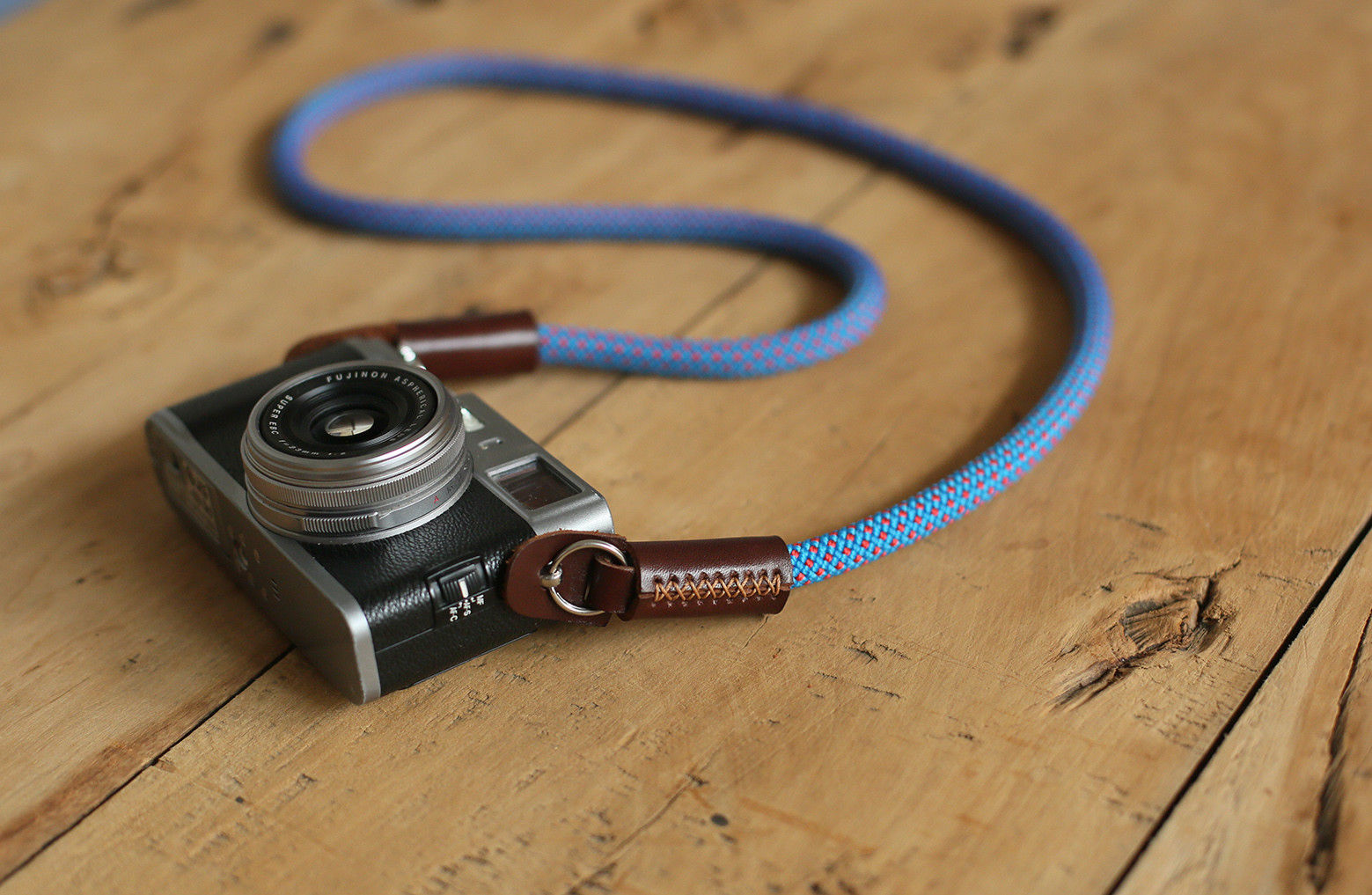 Camera strap handmade blue red climbing rope tan leather B type | windmup.com - windmup