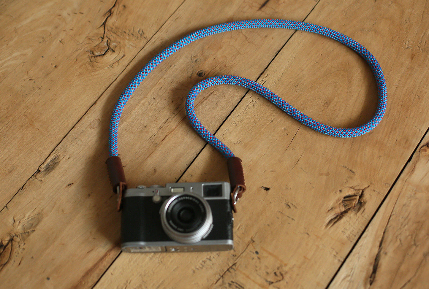 Camera strap handmade blue red climbing rope tan leather B type | windmup.com - windmup