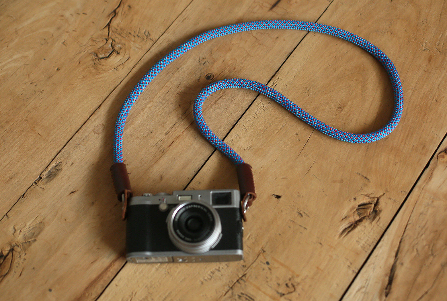 Camera strap handmade blue red climbing rope tan leather B type | windmup.com - windmup
