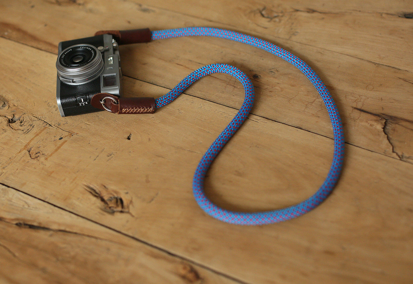 Camera strap handmade blue red climbing rope tan leather B type | windmup.com - windmup