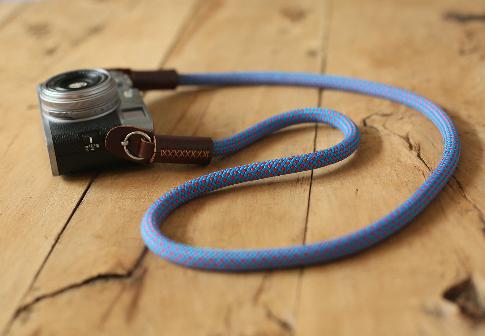 Camera strap handmade blue red climbing rope tan leather B type | windmup.com - windmup
