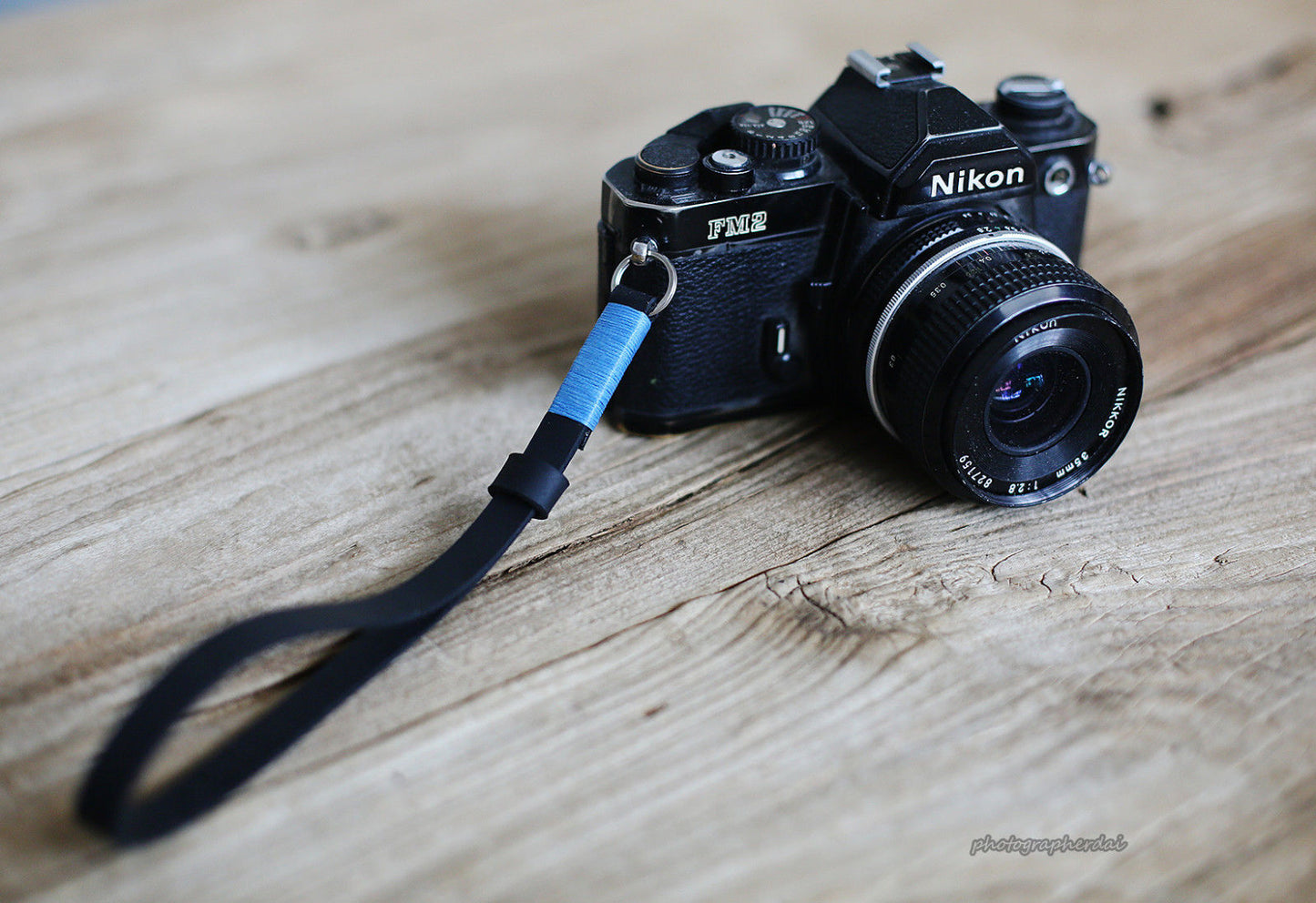 Black leather handmade camera wrist strap band sky blue | windmup.com - windmup