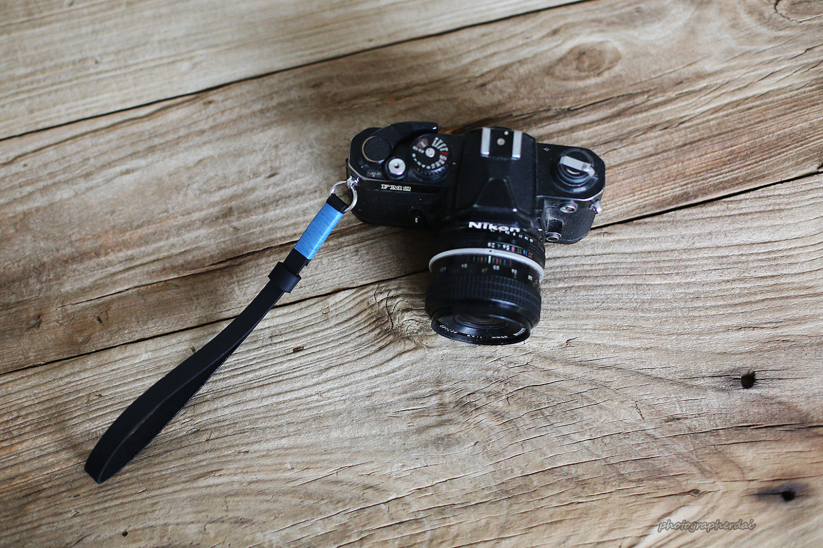 Black leather handmade camera wrist strap band sky blue | windmup.com - windmup
