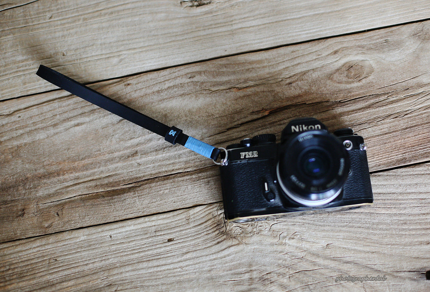 Black leather handmade camera wrist strap band sky blue | windmup.com - windmup