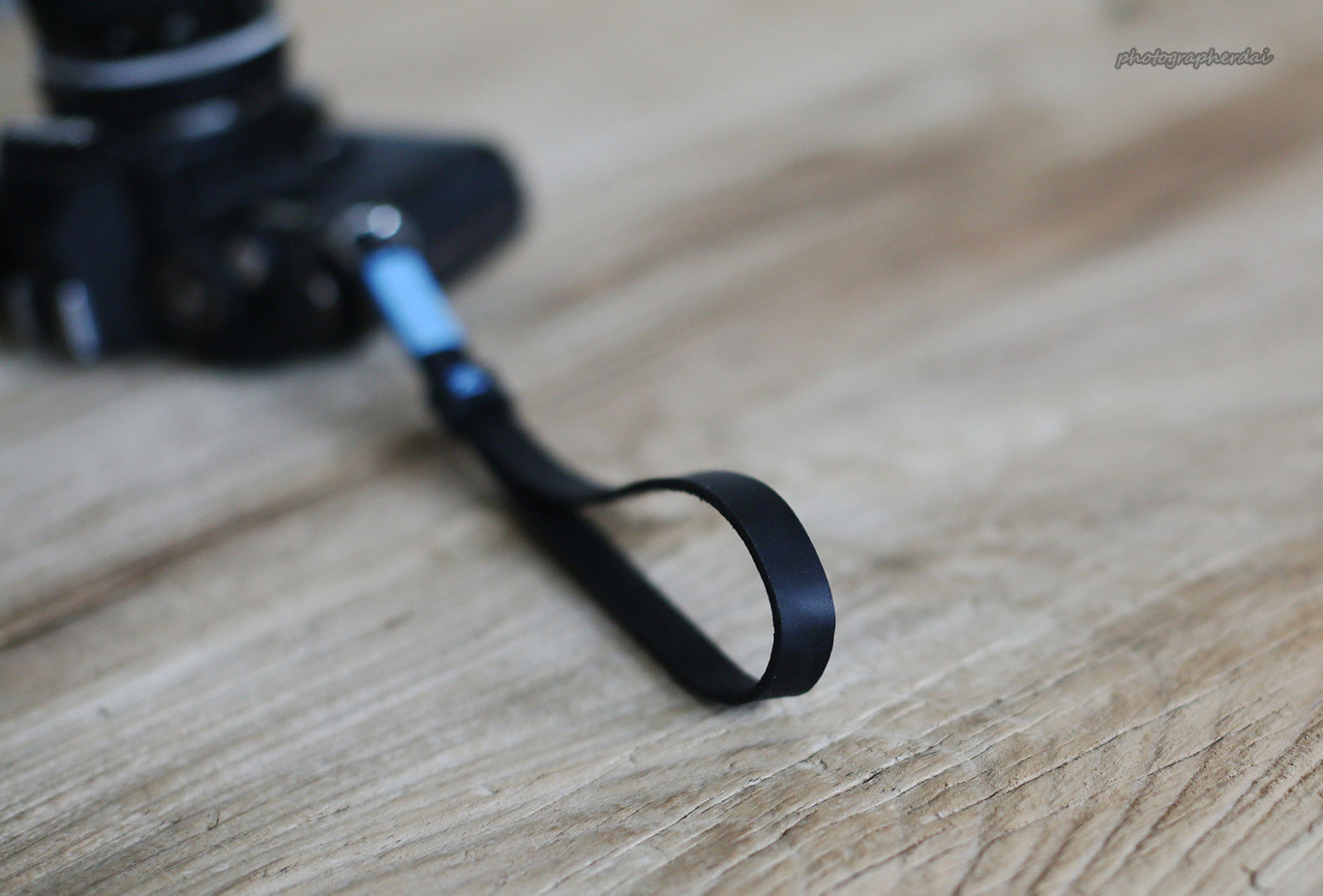 Black leather handmade camera wrist strap band sky blue | windmup.com - windmup