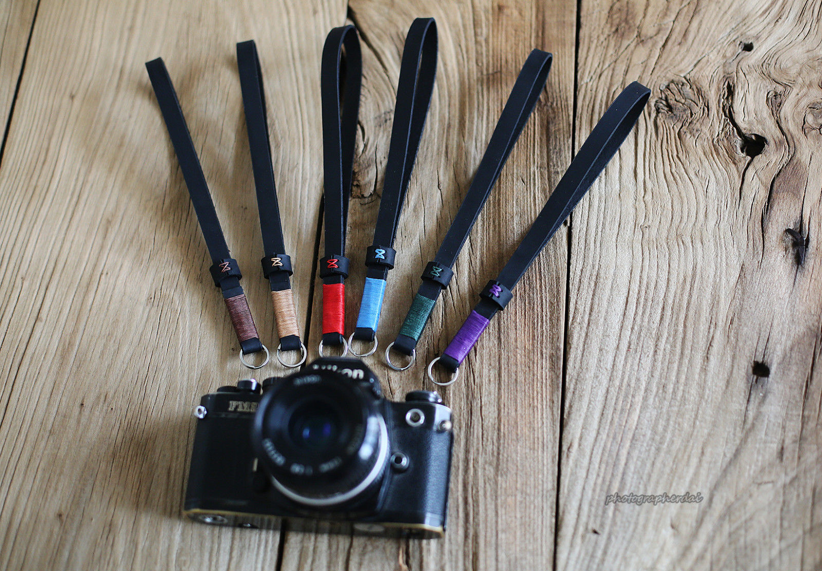 Black leather handmade camera wrist strap band sky blue | windmup.com - windmup
