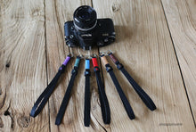 Black leather handmade camera wrist strap band sky blue | windmup.com - windmup