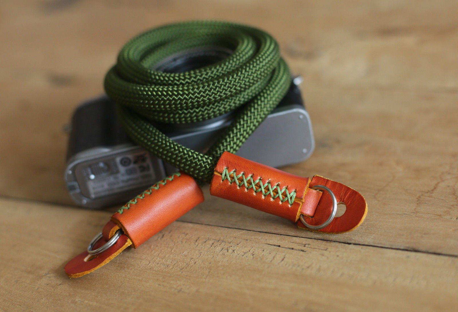 Camera strap in Army green and brown leather