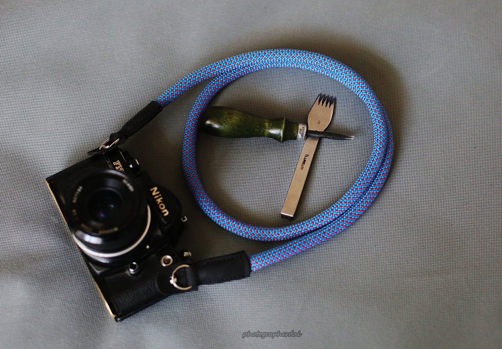 Handmade Camera Strap Sky Blue Climbing Rope Leather&Windmup.com - windmup