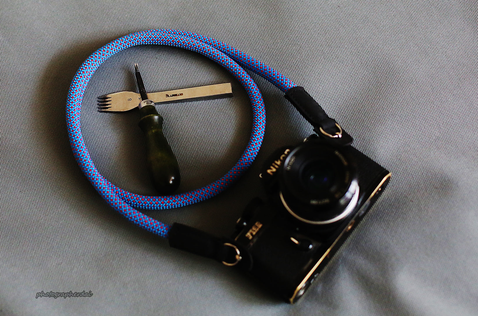 Handmade Camera Strap Sky Blue Climbing Rope Leather&Windmup.com - windmup