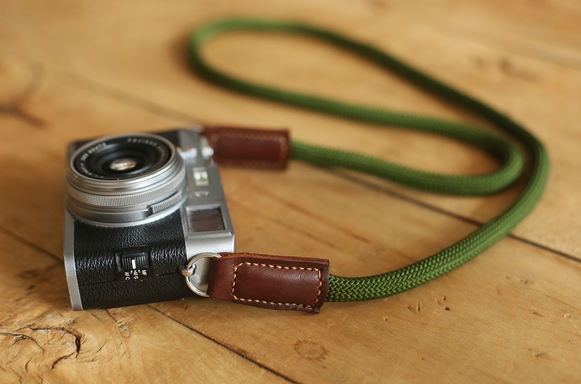 Camera neck strap handmade army green climbing rope tan leather | windmup.com - windmup