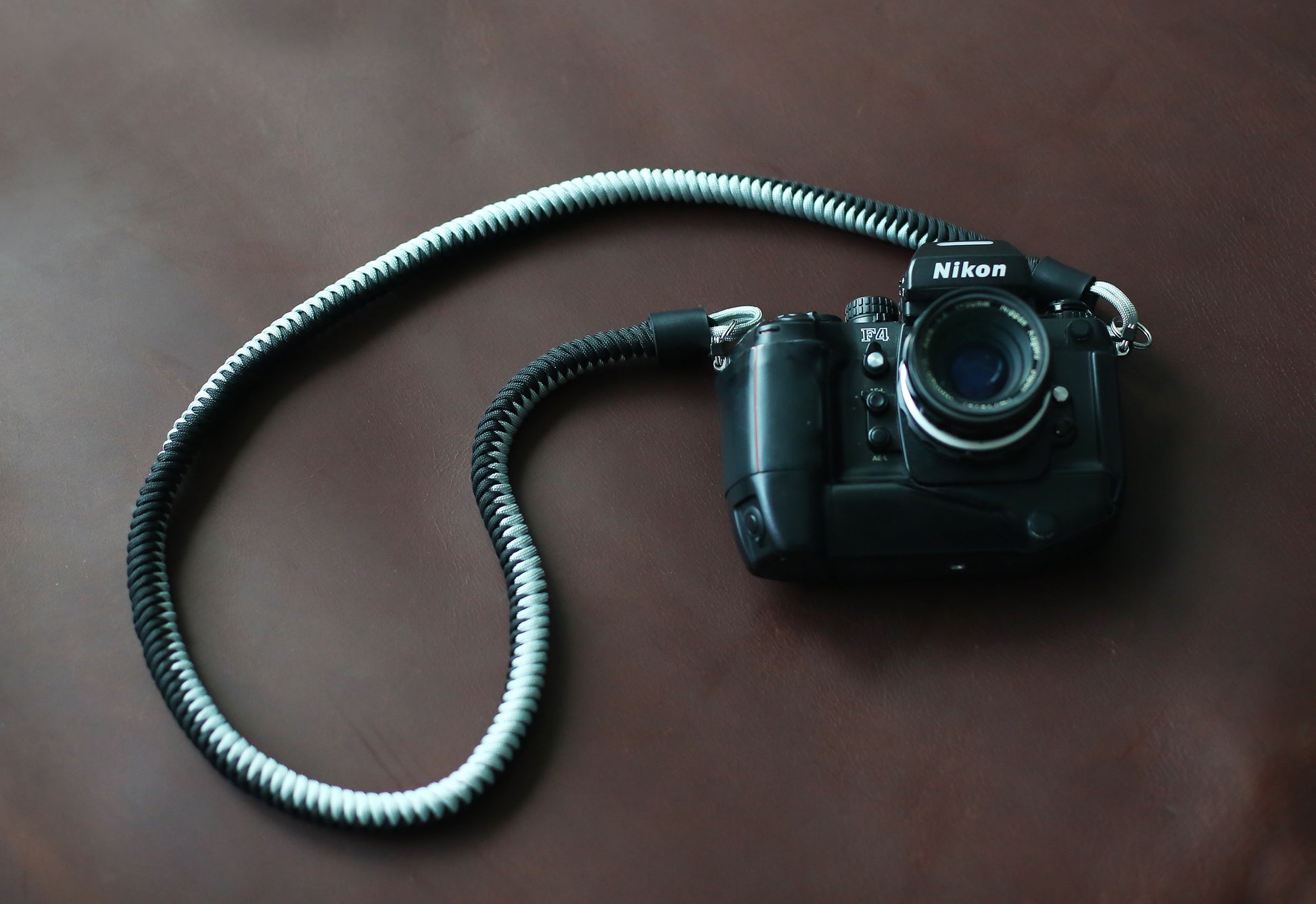 Handmade black and silver woven camera strap by Windmup