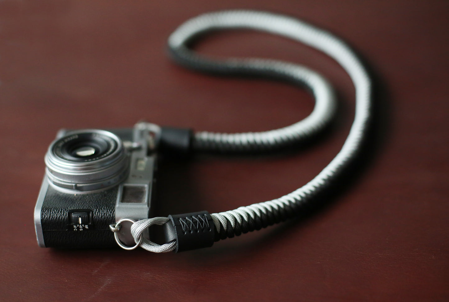 Black and silver handmade camera sling strap for heavy cameras