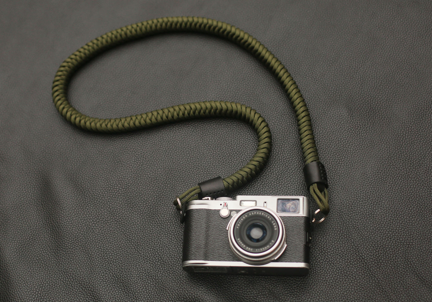 Olive green paracord camera strap for mirrorless, SLR, and film cameras