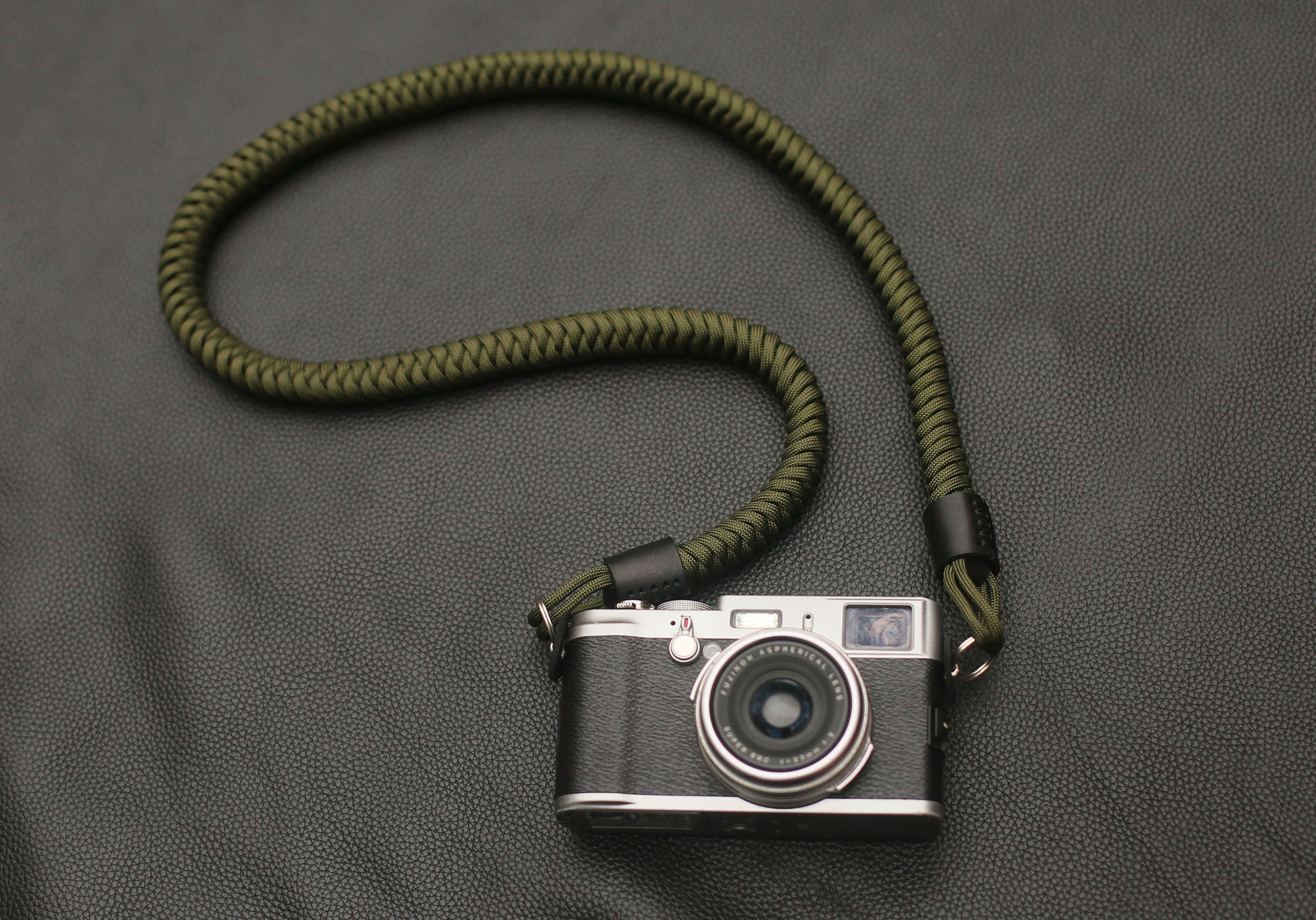 Olive green paracord camera strap for mirrorless, SLR, and film cameras