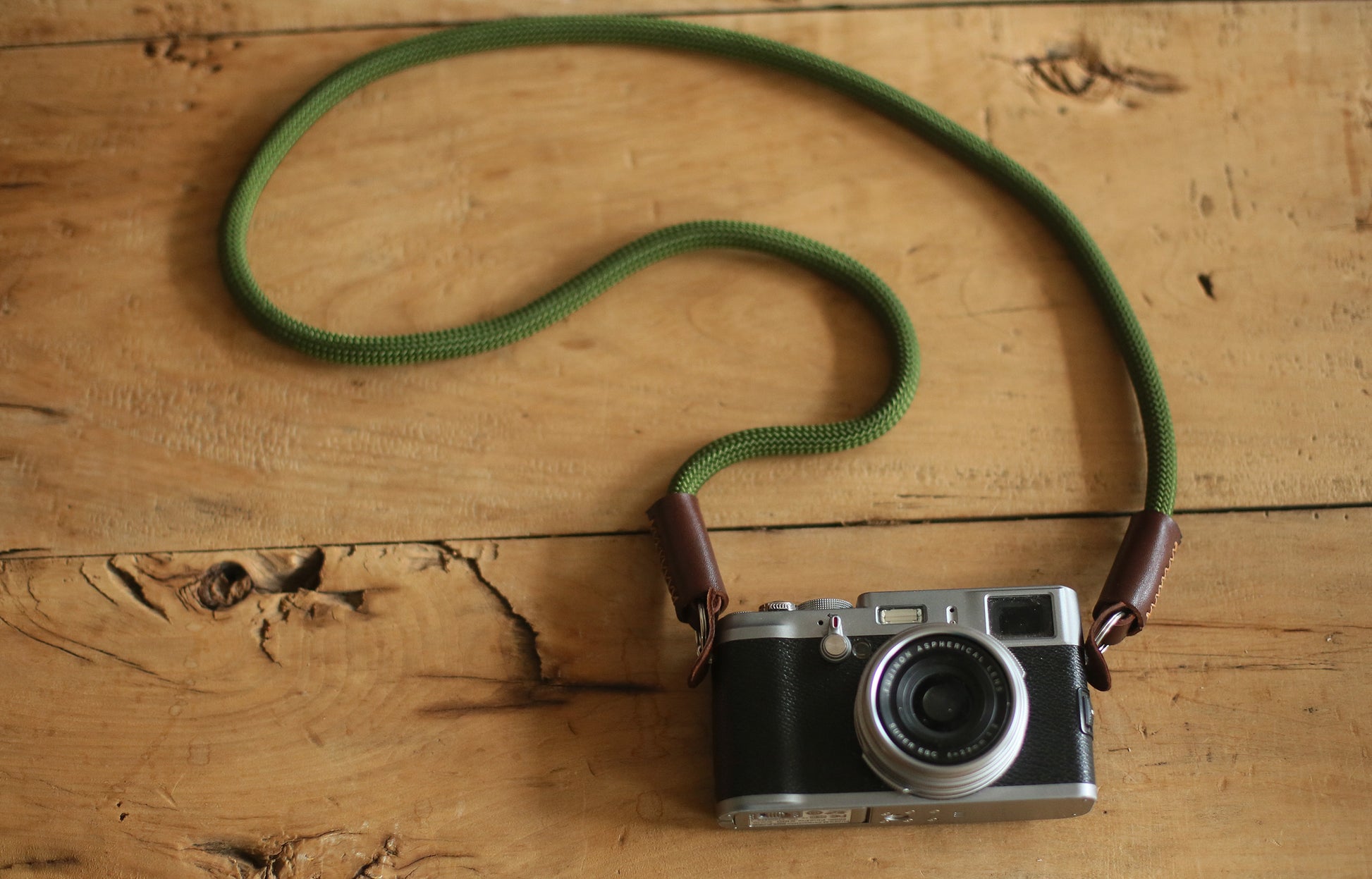 Rope camera strap in army green and brown leather
