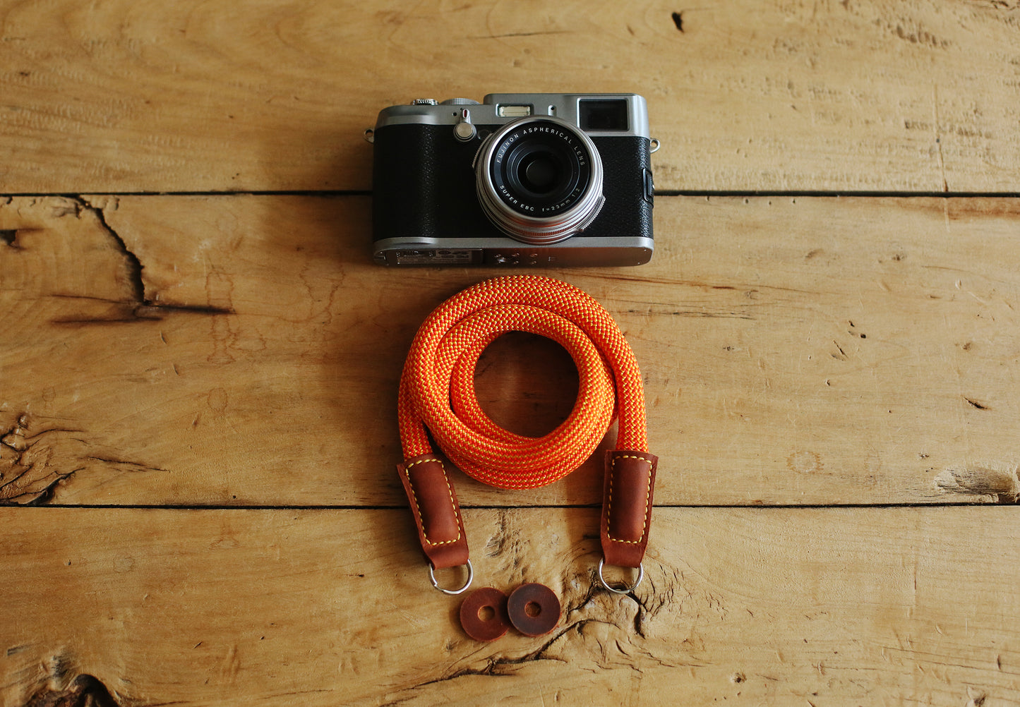 closeup of leather stitched camera strap