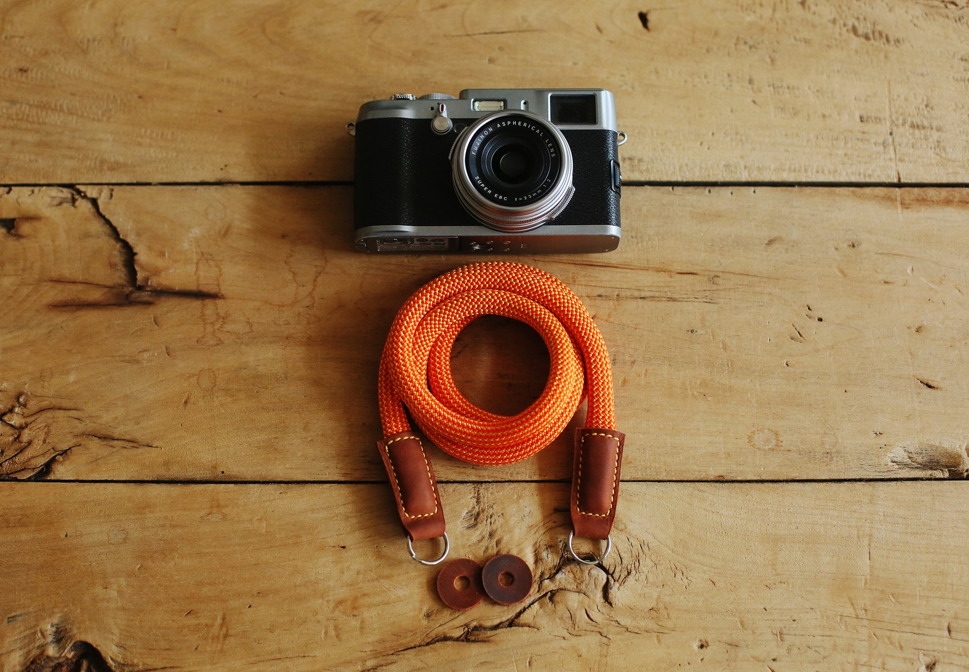 closeup of leather stitched camera strap