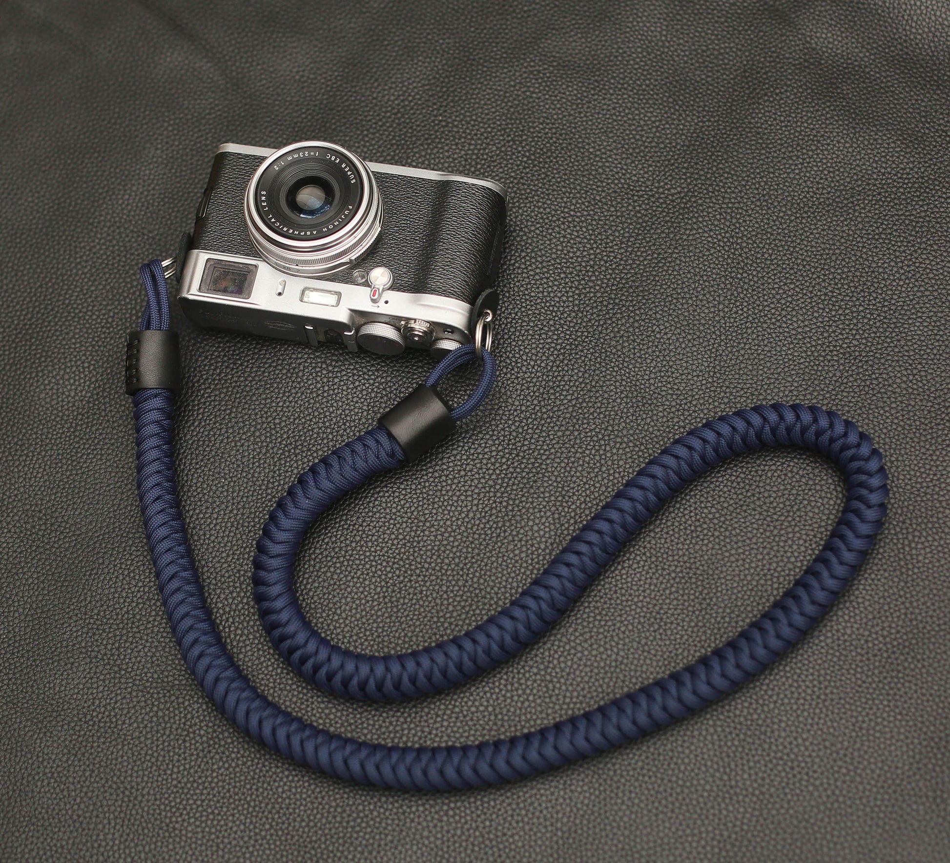Close-up of navy blue diamond knot paracord weave