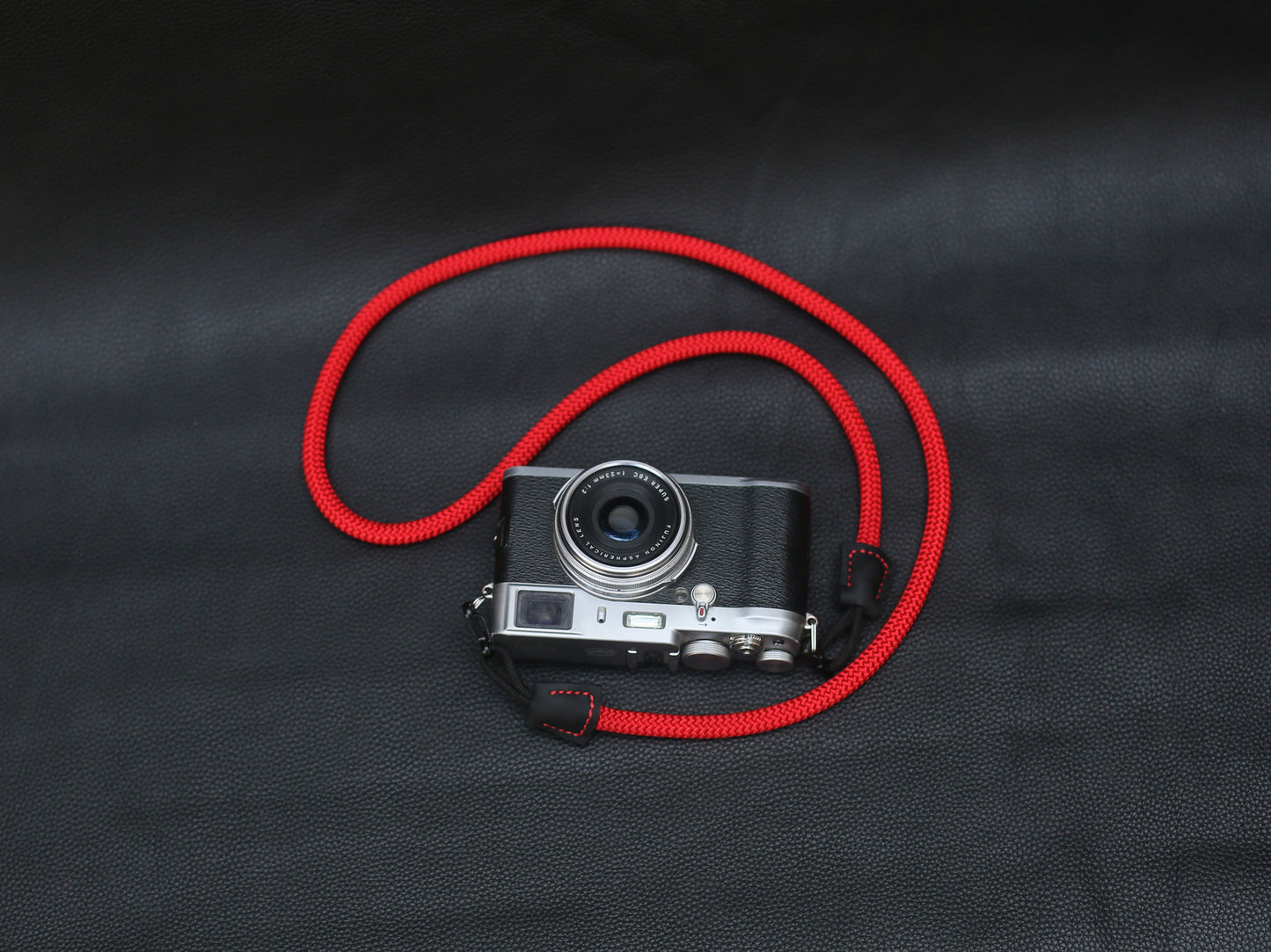 Windmup quick-release red climbing rope camera strap with full-grain leather ends